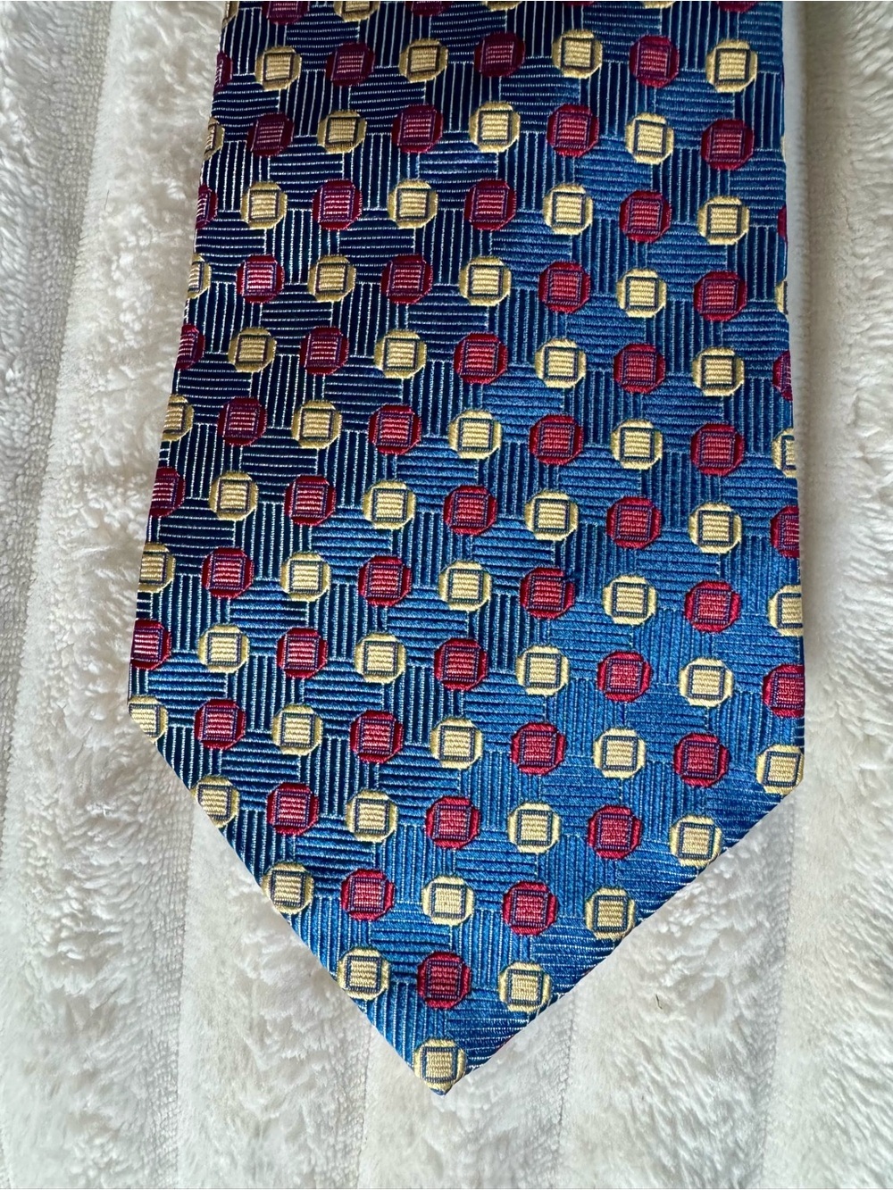 Vintage Tommy Hilfiger 100% Silk Geometric Medallion Tie Blue Red Gold Crest